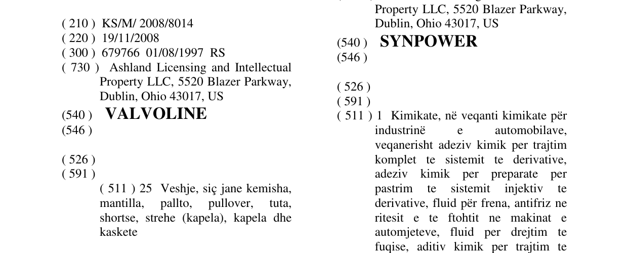 Zëri i markës VALVOLINE në buletin