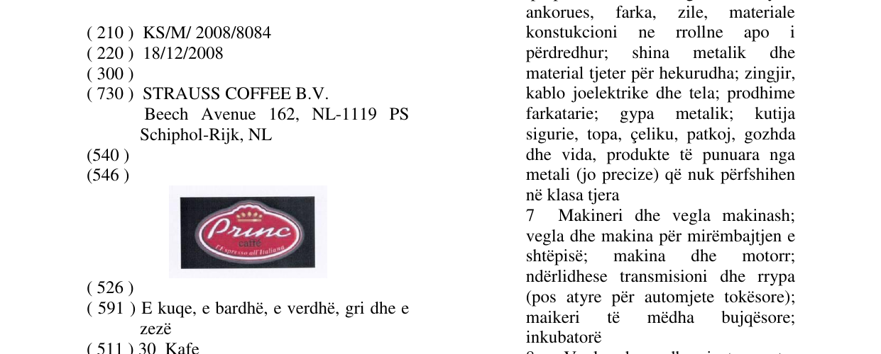 Zëri i markës Princ caffe në buletin