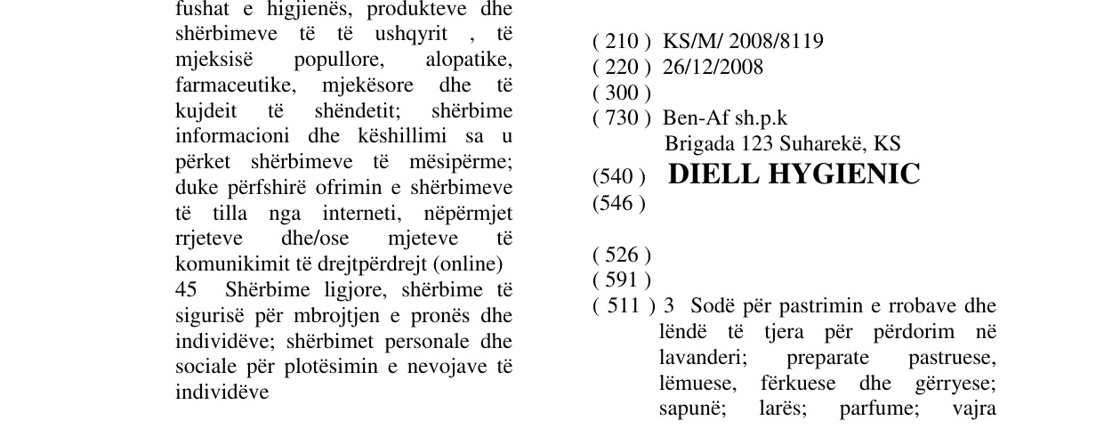 Der Eintrag der Marke DIELL HYGIENIC im Bulletin
