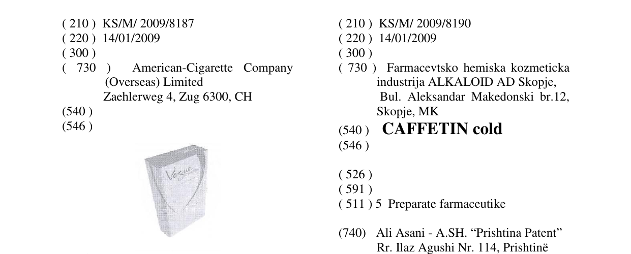 Zëri i markës CAFFETIN cold në buletin