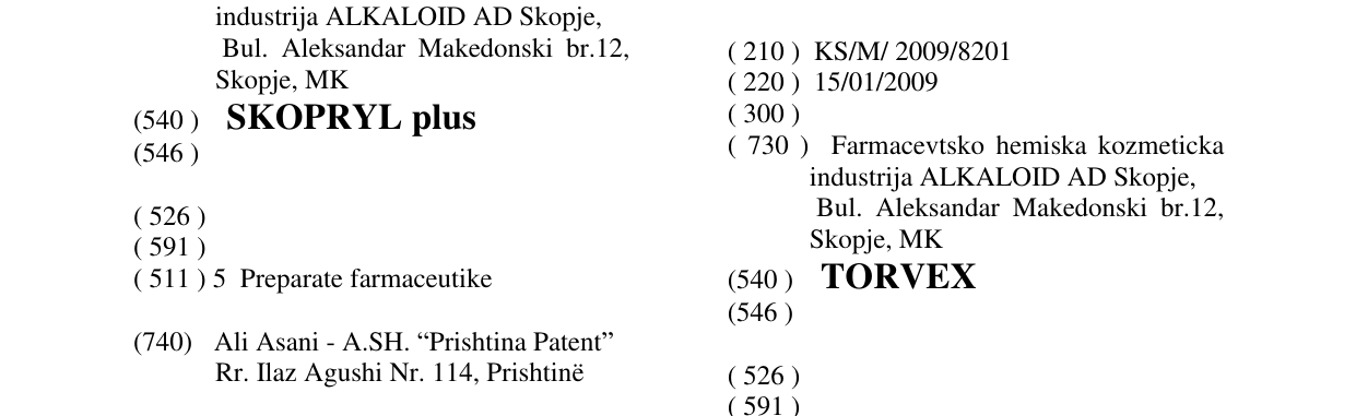 The entry of the trademark TORVEX in the bulletin