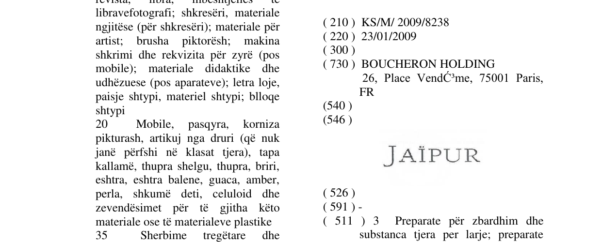 Zëri i markës JAIPUR në buletin
