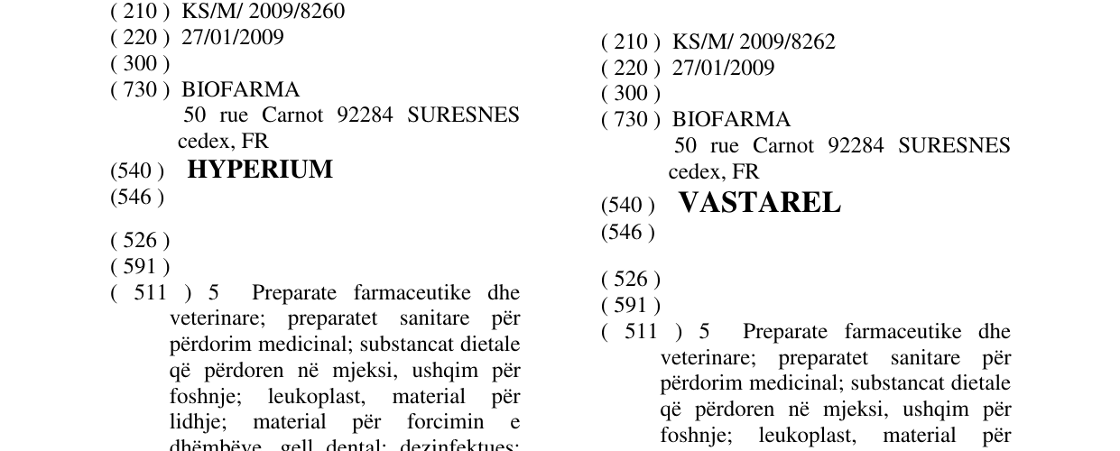 Zëri i markës VASTAREL në buletin