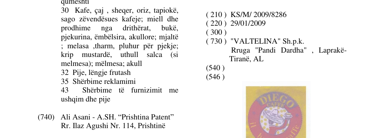 Zëri i markës DIEGO CAFFE në buletin