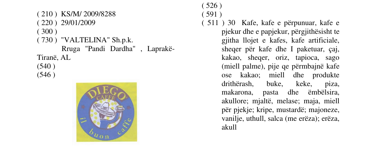 Zëri i markës DIEGO CAFFE il buon caffe në buletin