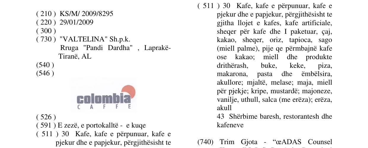 Zëri i markës colombia caffe në buletin