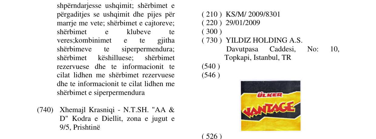 Zëri i markës ÜLKER VANTAGE në buletin