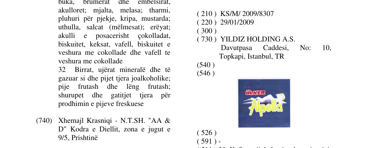 Zëri i markës ÜLKER ALPELLA në buletin