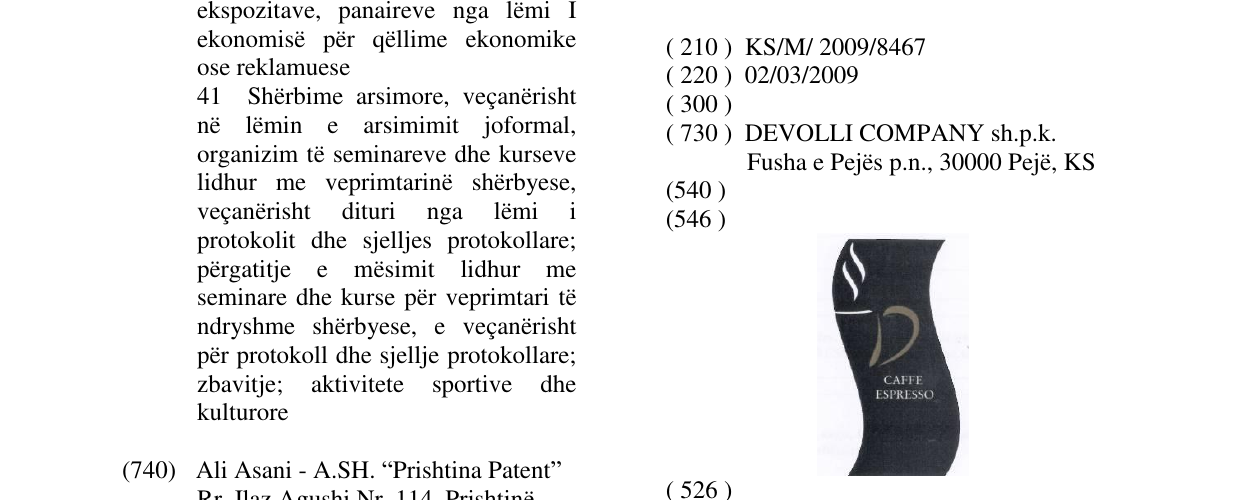 Zëri i markës CAFFE ESPRESSO në buletin