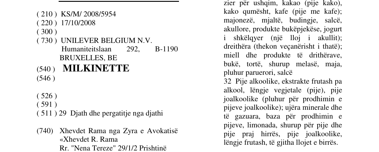 Zëri i markës MILKINETTE në buletin