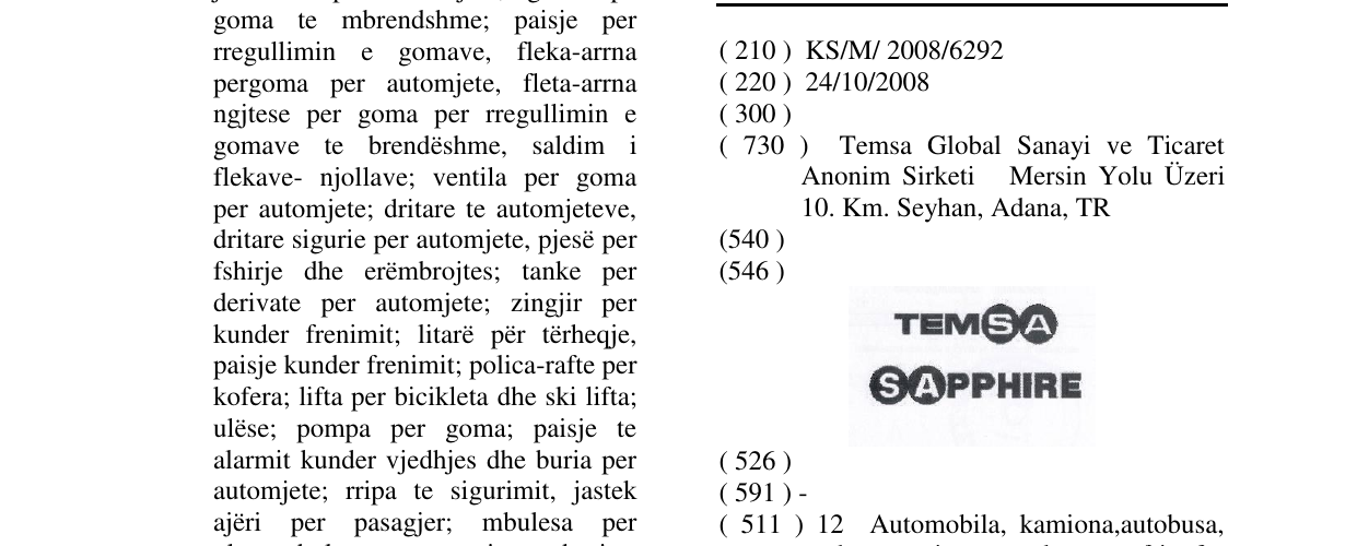 Zëri i markës TEMSA SAPPHIRE në buletin