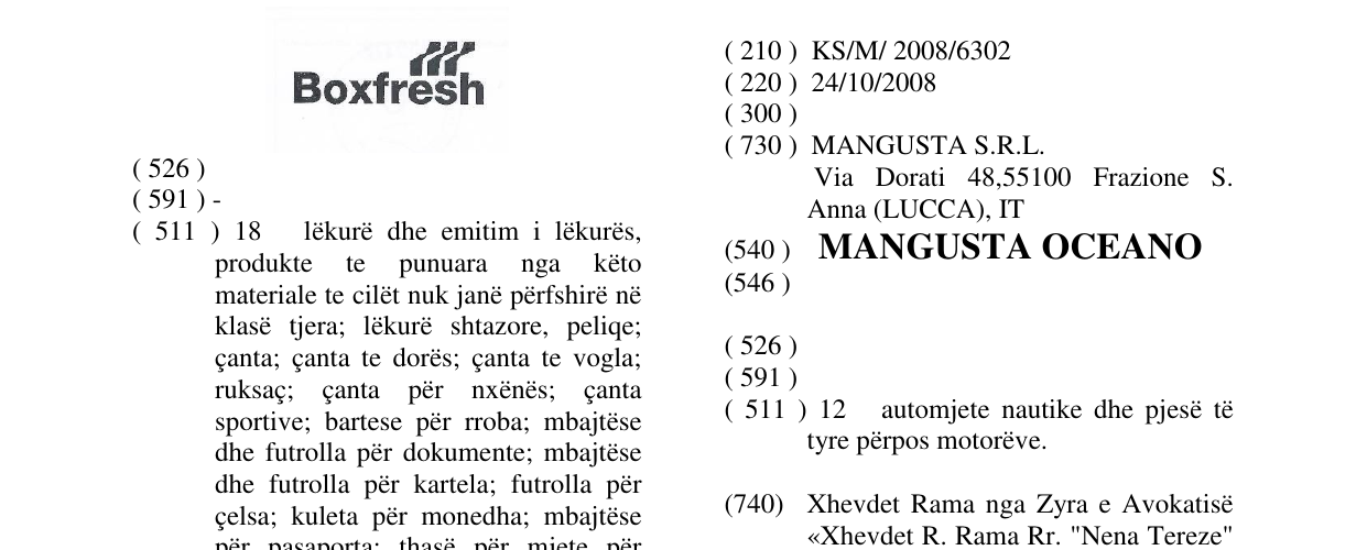 Zëri i markës MANGUSTA OCEANO në buletin