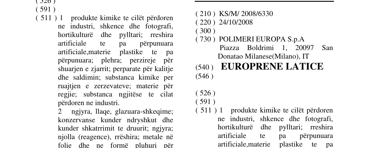 Zëri i markës EUROPRENE LATICE në buletin
