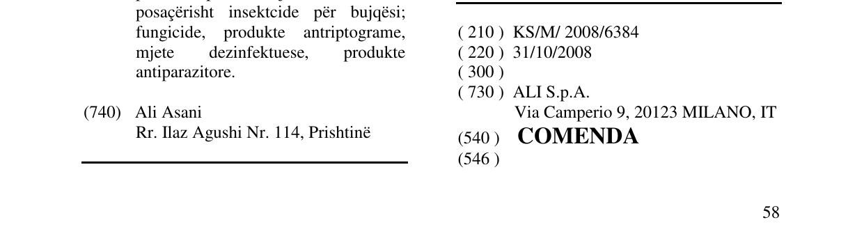 Zëri i markës COMENDA në buletin