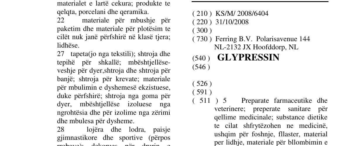 Zëri i markës GLYPRESSIN në buletin