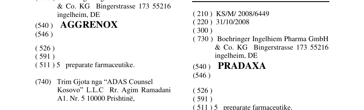 Zëri i markës PRADAXA në buletin