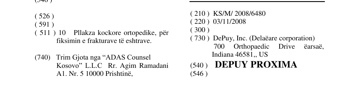 Zëri i markës DEPUY PROXIMA në buletin