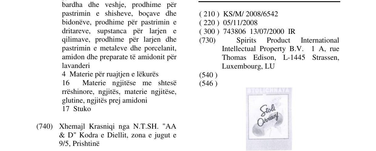 Zëri i markës STOLICHNAYA Stoli Ohranj në buletin