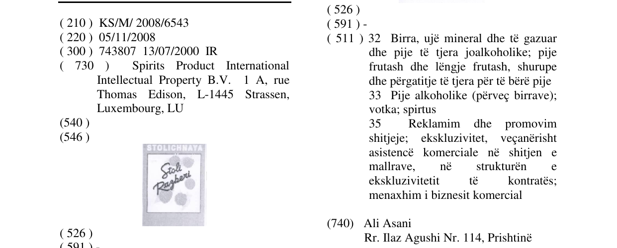 Zëri i markës STOLICHNAYA Stoli Razberi në buletin