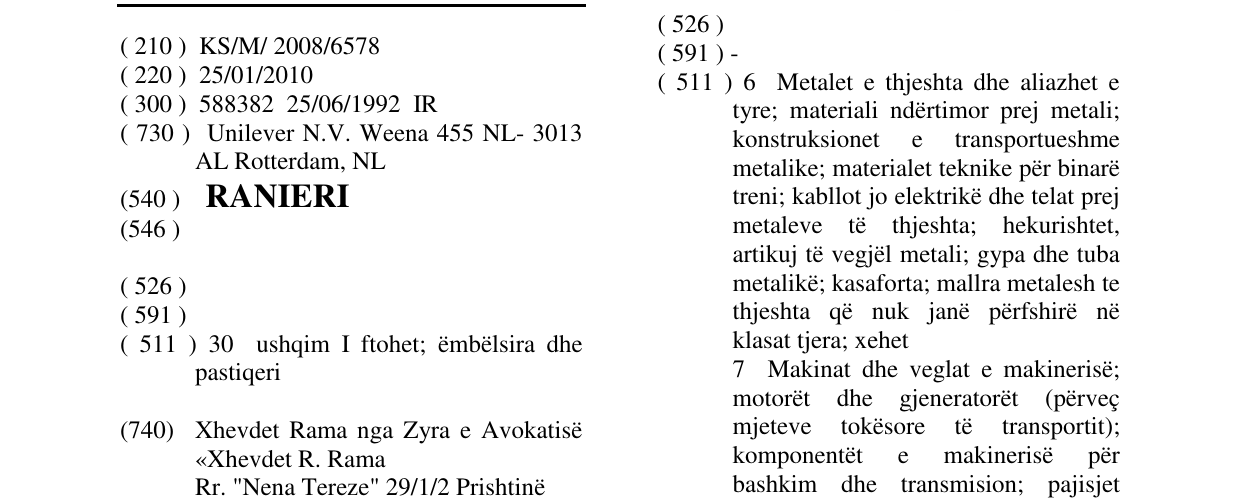 Zëri i markës RANIERI në buletin