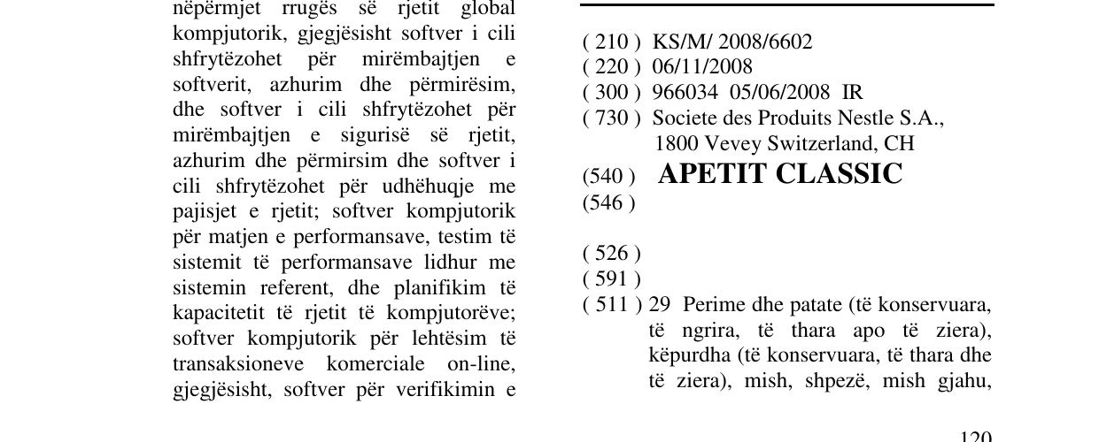 Zëri i markës APETIT CLASSIC në buletin