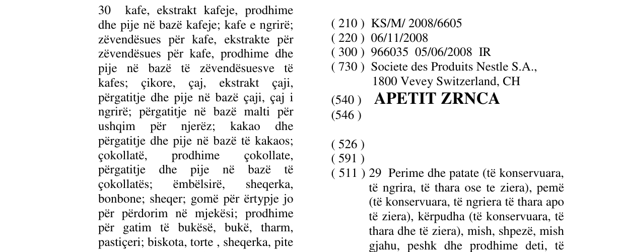 Zëri i markës APETIT ZRNCA në buletin