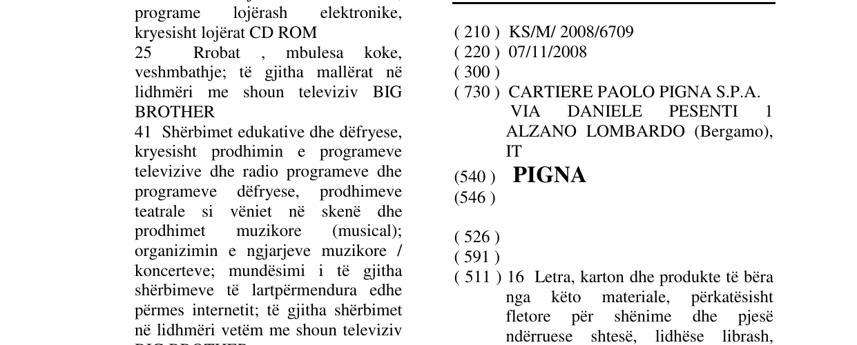 Zëri i markës PIGNA në buletin