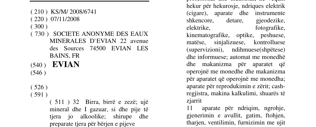Zëri i markës EVIAN në buletin