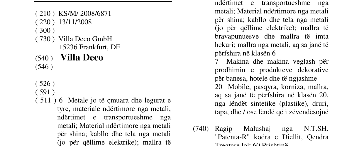 Zëri i markës Villa Deco në buletin