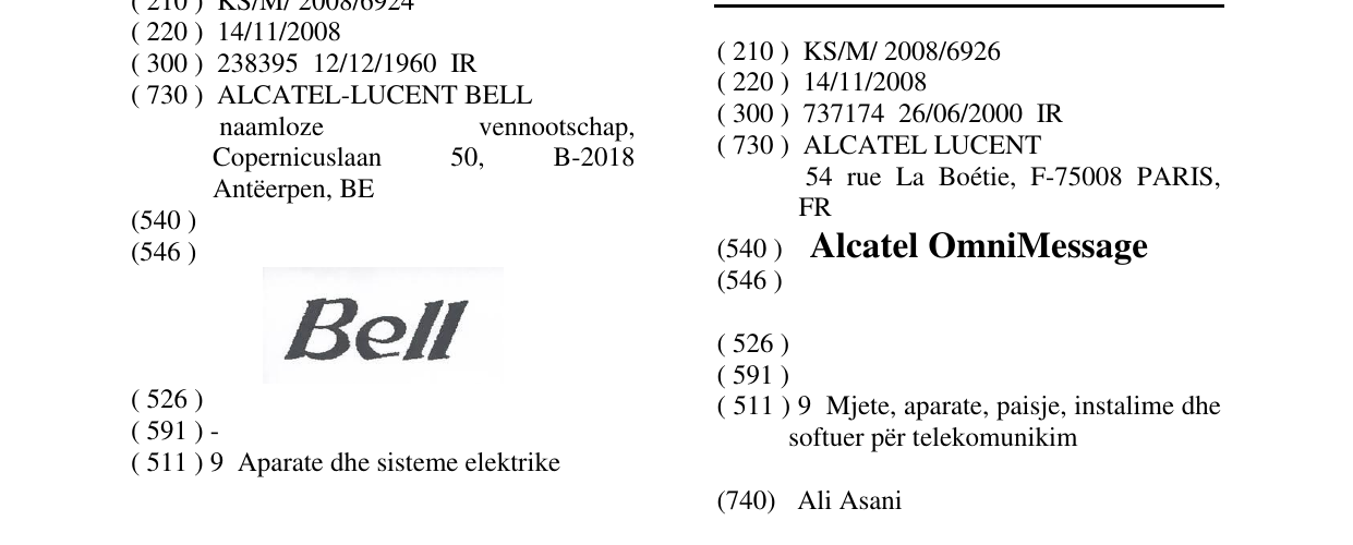 The entry of the trademark Alcatel OmniMessage in the bulletin