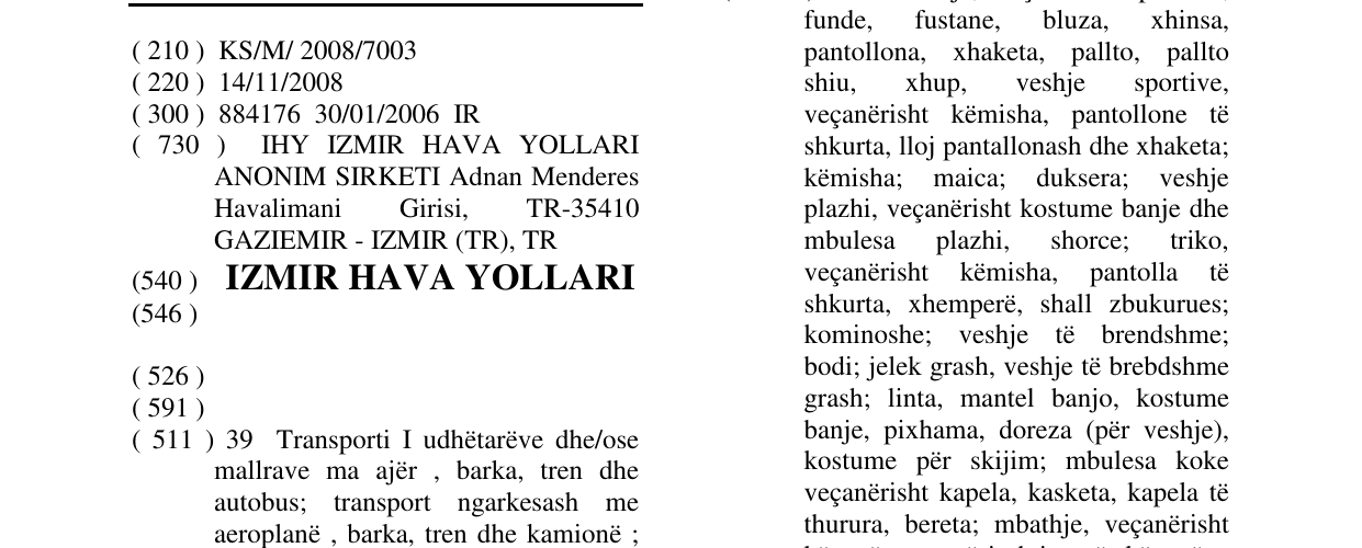Zëri i markës IZMIR HAVA YOLLARI në buletin