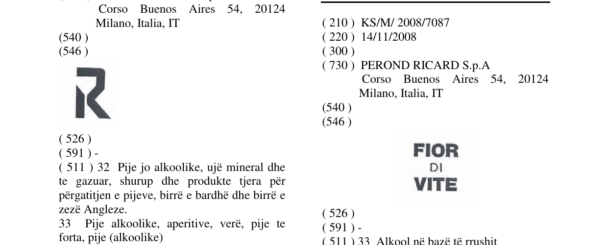 Zëri i markës FIOR DI VITE në buletin