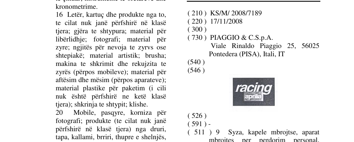 Zëri i markës RACING APRILIA në buletin