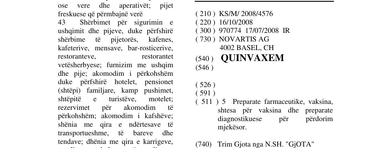 Zëri i markës QUINVAXEM në buletin