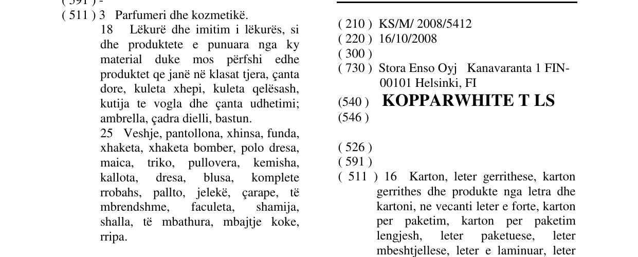 Zëri i markës KOPPARWHITE T LS në buletin
