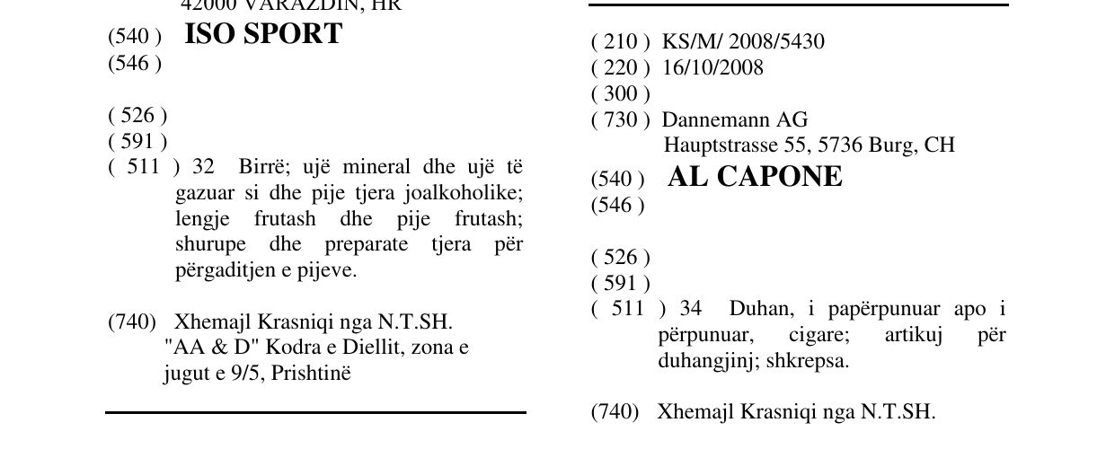 Zëri i markës AL CAPONE në buletin
