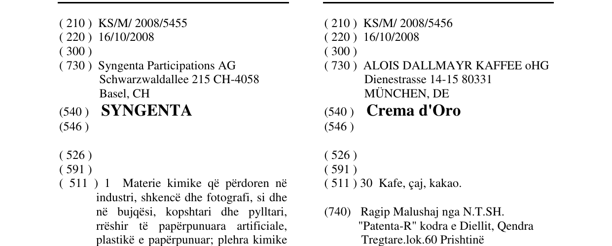 Zëri i markës Crema d'Oro në buletin