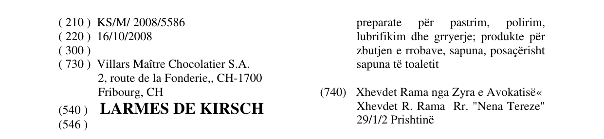 Zëri i markës LARMES DE KIRSCH në buletin