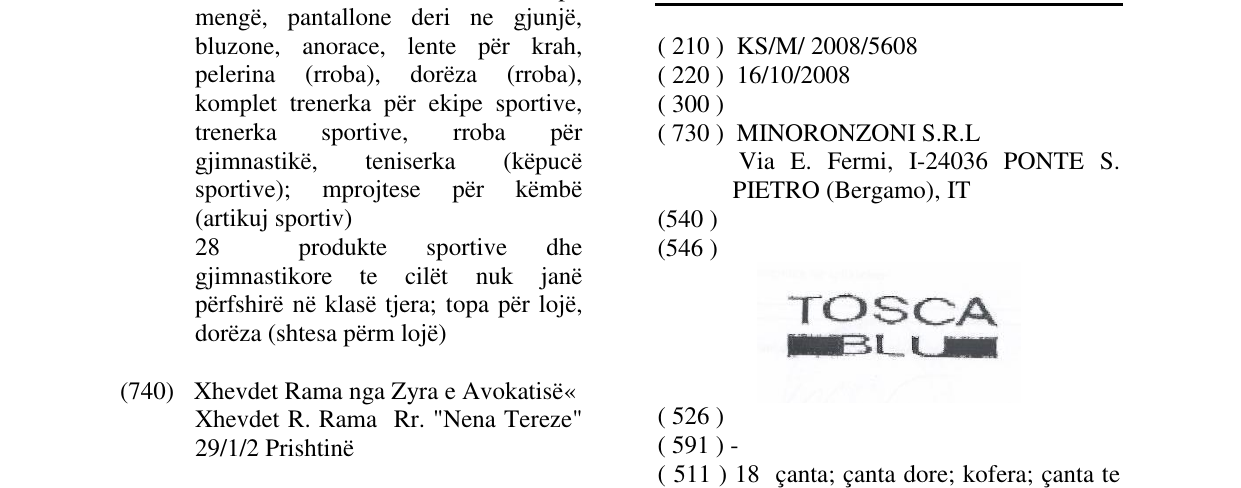Zëri i markës TOSCA BLU në buletin