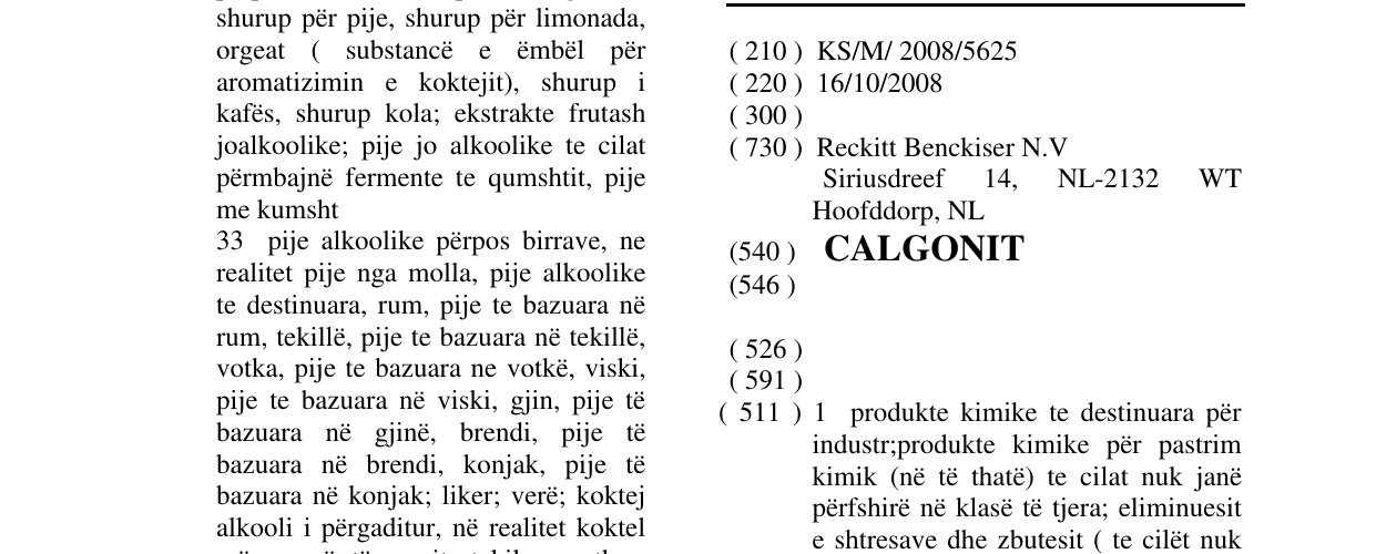 Zëri i markës CALGONIT në buletin
