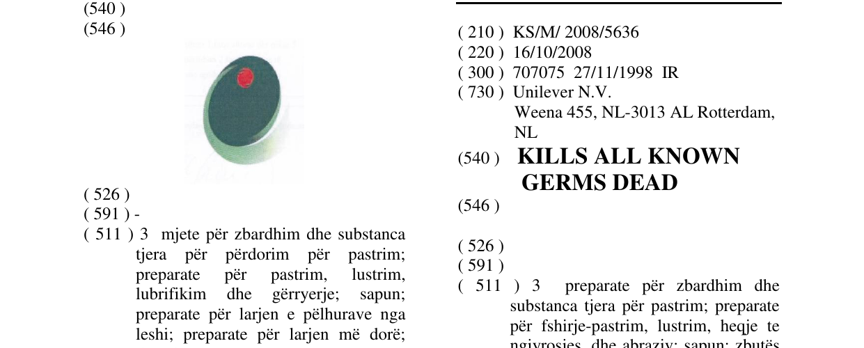 Zëri i markës KILLS ALL KNOWN GERMS DEAD në buletin