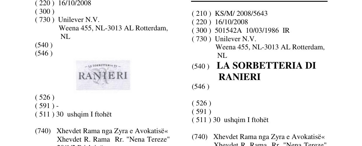 Zëri i markës LA SORBETTERIA DI RANIERI në buletin