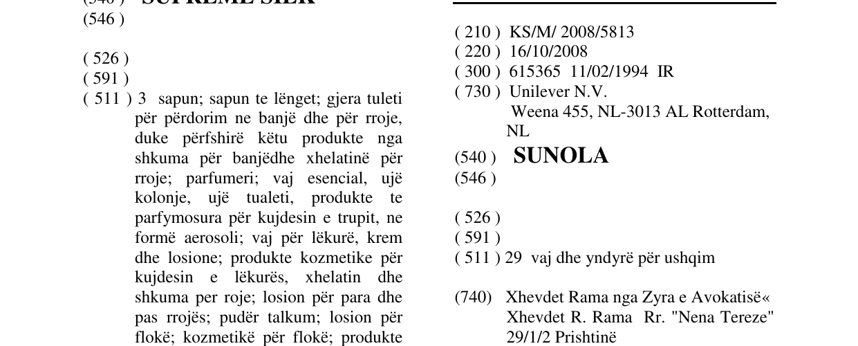Zëri i markës SUNOLA në buletin