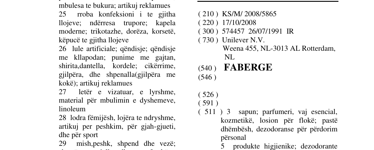 Zëri i markës FABERGE në buletin