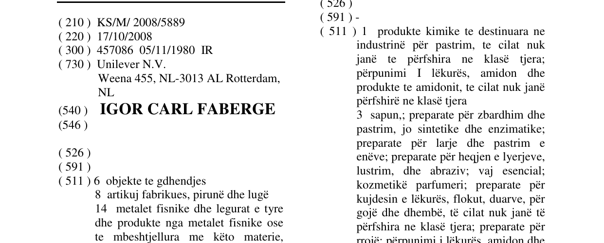 Zëri i markës IGOR CARL FABERGE në buletin