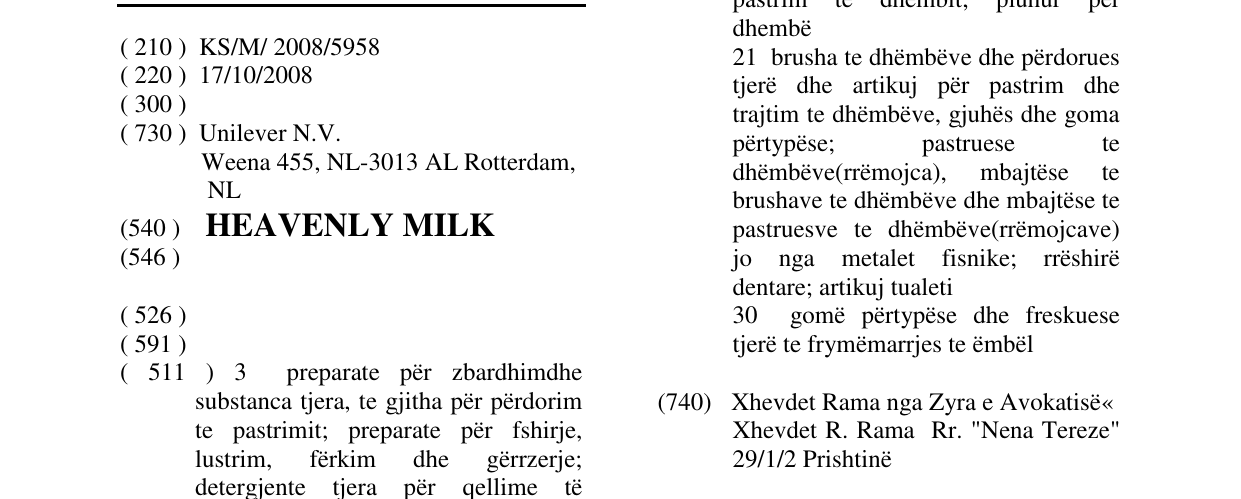 Zëri i markës HEAVENLY MILK në buletin