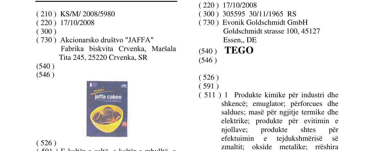 Zëri i markës JAFFA CAKES në buletin