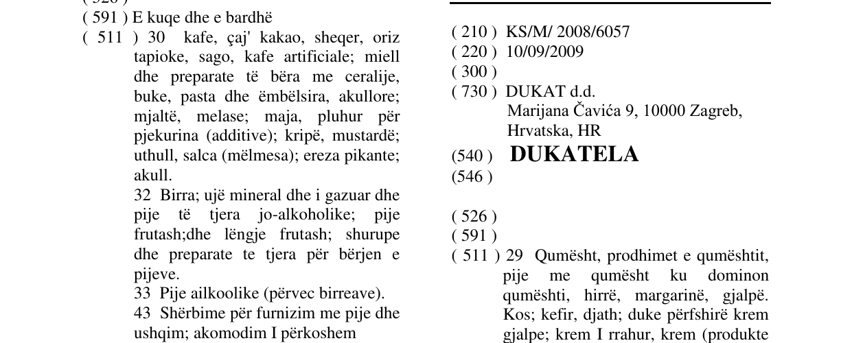 Zëri i markës DUKATELA në buletin