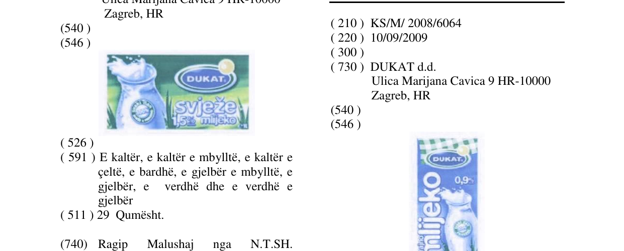Zëri i markës MLIJEKO DUKAT në buletin