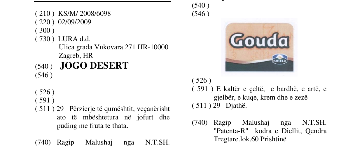 Zëri i markës JOGO DESERT në buletin